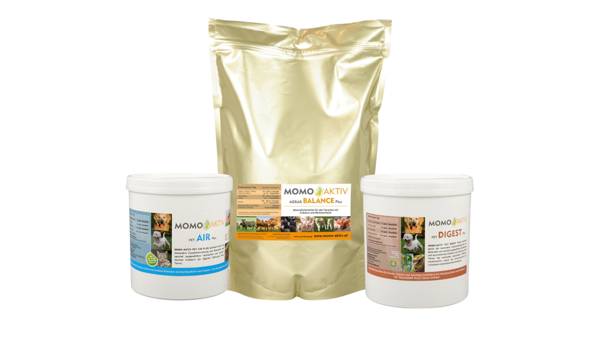 Eine Gruppe von drei MOMO-AKTIV Produkten: Eine goldene Tüte AGRAR BALANCE Plus, eine weiße Dose PET AIR Plus und eine weiße Dose PET DIGEST Plus