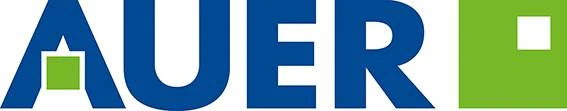 Logo von AUER in blauen Buchstaben mit grünen Quadraten.
