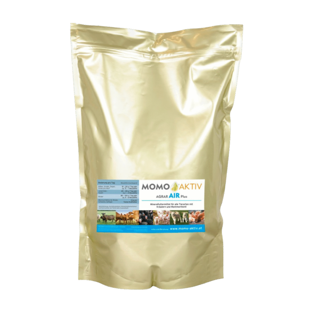 Eine goldene Verpackung von MOMO-AKTIV AGRAR AIR Plus mit einem Etikett, das verschiedene Nutztiere zeigt