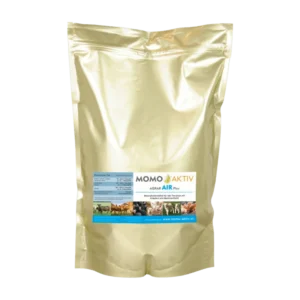 Eine goldene Verpackung von MOMO-AKTIV AGRAR AIR Plus mit einem Etikett, das verschiedene Nutztiere zeigt