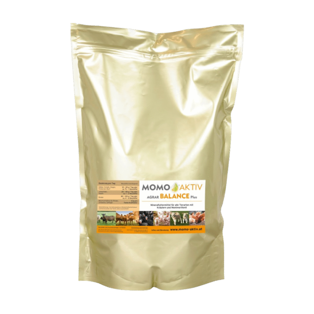 Eine goldene Verpackung von MOMO-AKTIV AGRAR BALANCE Plus mit einem Etikett, das verschiedene landwirtschaftliche Nutztiere zeigt