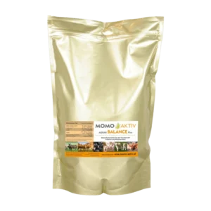 Eine goldene Verpackung von MOMO-AKTIV AGRAR BALANCE Plus mit einem Etikett, das verschiedene landwirtschaftliche Nutztiere zeigt