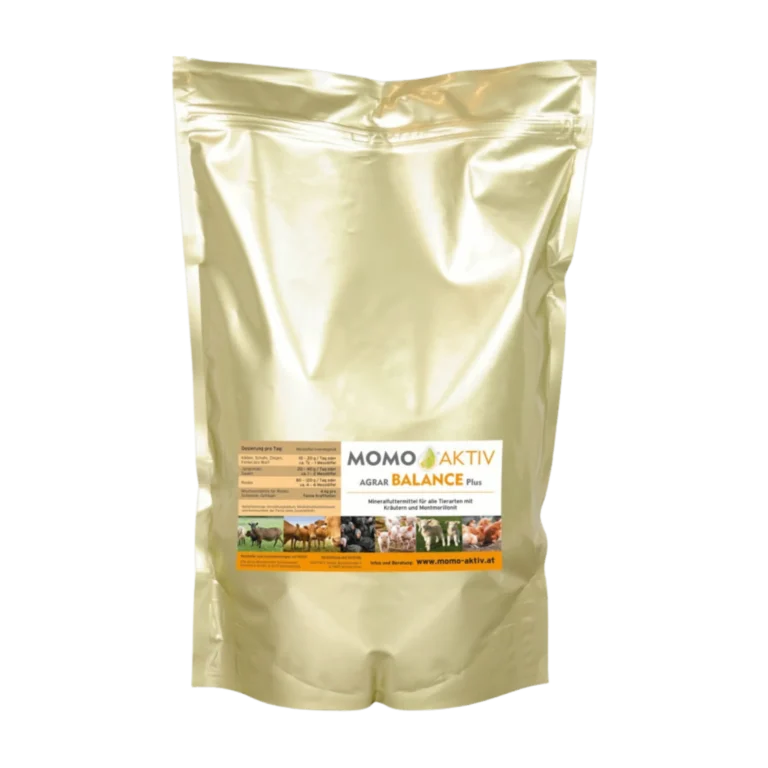 Eine goldene Verpackung von MOMO-AKTIV AGRAR BALANCE Plus mit einem Etikett, das verschiedene landwirtschaftliche Nutztiere zeigt