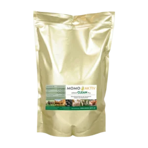 Eine goldene Verpackung von MOMO-AKTIV AGRAR CLEAN Plus mit einem Etikett, das verschiedene Nutztiere zeigt