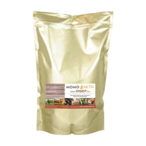 Eine goldene Verpackung von MOMO-AKTIV AGRAR DIGEST Plus mit einem Etikett, das verschiedene Nutztiere zeig