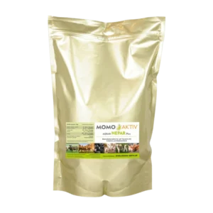 Eine goldene Verpackung von MOMO-AKTIV HORSE HEPAR Plus mit einem Etikett, das mehrere Pferde in verschiedenen Situationen zeigt