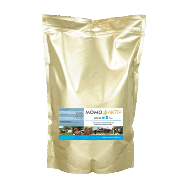 Eine goldene Verpackung von MOMO-AKTIV HORSE AIR Plus mit einem Etikett, das verschiedene Pferde zeigt