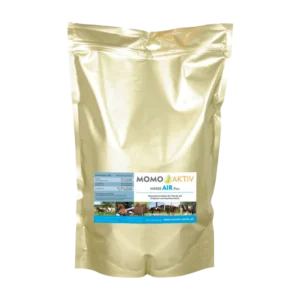 Eine goldene Verpackung von MOMO-AKTIV HORSE AIR Plus mit einem Etikett, das verschiedene Pferde zeigt