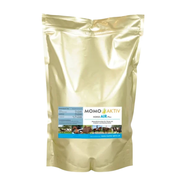 Eine goldene Verpackung von MOMO-AKTIV HORSE AIR Plus mit einem Etikett, das verschiedene Pferde zeigt