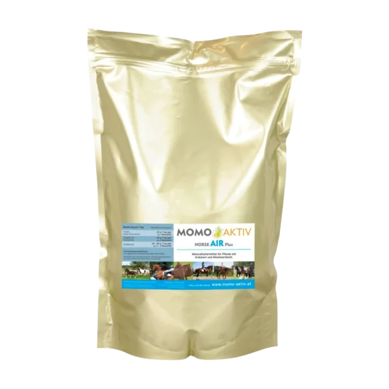 Eine goldene Verpackung von MOMO-AKTIV HORSE AIR Plus mit einem Etikett, das verschiedene Pferde zeigt
