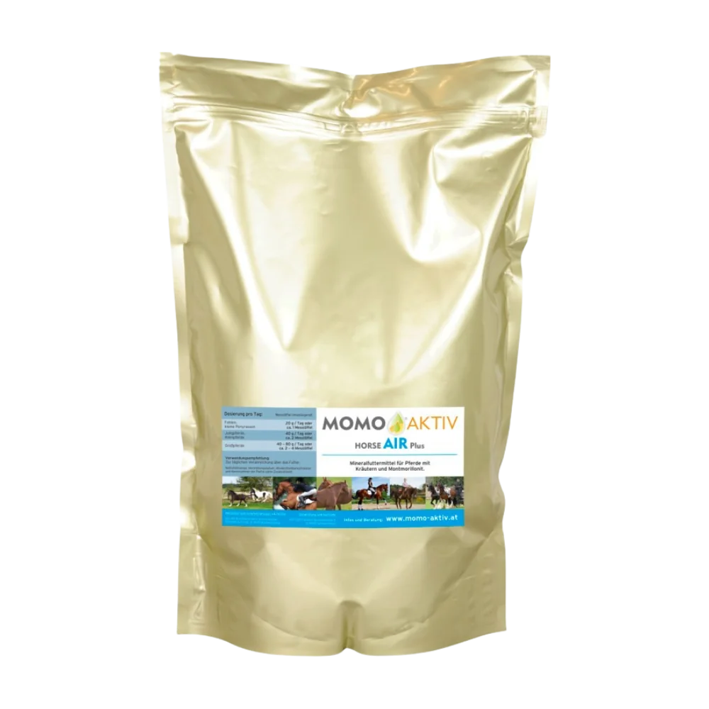 Eine goldene Verpackung von MOMO-AKTIV HORSE AIR Plus mit einem Etikett, das verschiedene Pferde zeigt