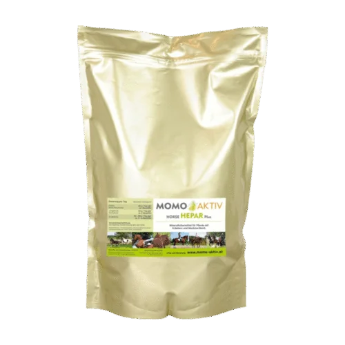 Eine goldene Verpackung von MOMO-AKTIV HORSE HEPAR Plus mit einem Etikett, das mehrere Pferde in verschiedenen Situationen zeigt