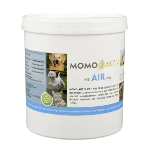 MOMO-AKTIV PET AIR PLUS Dose mit Etikett, das einen golden Retriever, einen weißen Terrier und eine Katze zeigt.