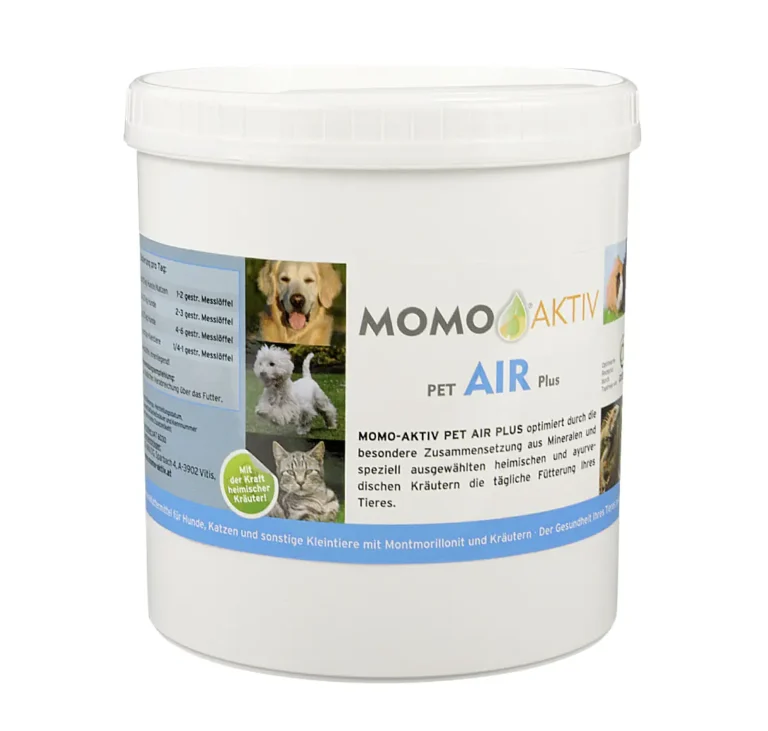 MOMO-AKTIV PET AIR PLUS Dose mit Etikett, das einen golden Retriever, einen weißen Terrier und eine Katze zeigt.