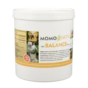 MOMO-AKTIV PET BALANCE PLUS Dose mit Etikett und Bildern von Hund, Katze und den Inhaltsstoffen
