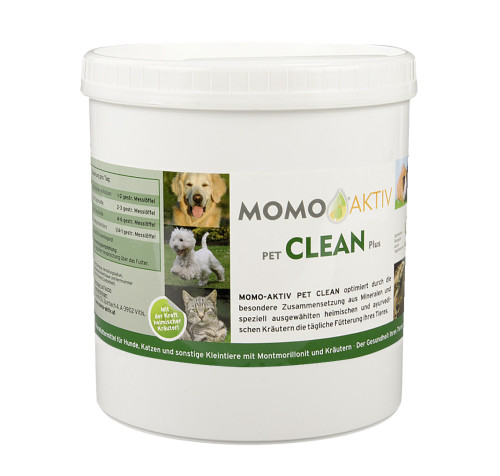 MOMO-AKTIV PET CLEAN PLUS Dose mit Etikett, das einen golden Retriever, einen weißen Terrier und eine Katze zeigt