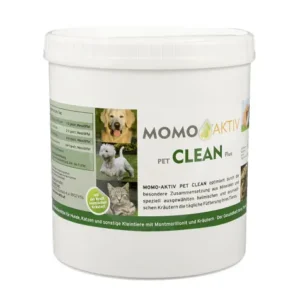 MOMO-AKTIV PET CLEAN PLUS Dose mit Etikett, das einen golden Retriever, einen weißen Terrier und eine Katze zeigt