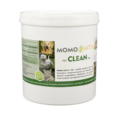 MOMO-AKTIV PET CLEAN PLUS Dose mit Etikett, das einen golden Retriever, einen weißen Terrier und eine Katze zeigt