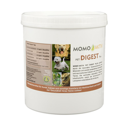 MOMO-AKTIV PET DIGEST PLUS Dose mit Etikett, das einen Hund, einen West Highland Terrier und eine Katze zeigt