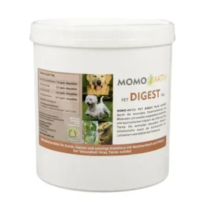 MOMO-AKTIV PET DIGEST PLUS Dose mit Etikett, das einen Hund, einen West Highland Terrier und eine Katze zeigt