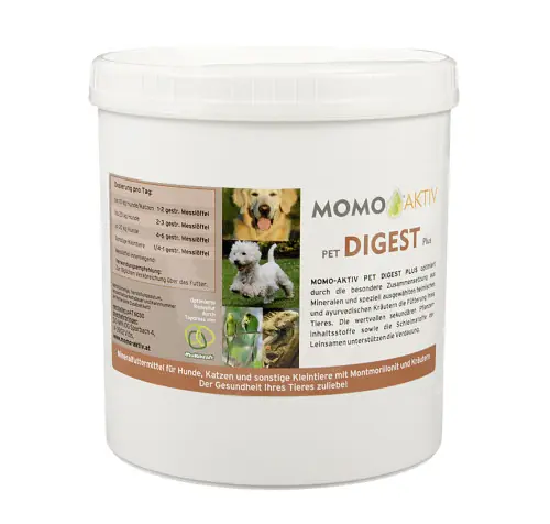 MOMO-AKTIV PET DIGEST PLUS Dose mit Etikett, das einen Hund, einen West Highland Terrier und eine Katze zeigt
