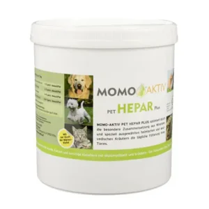 MOMO-AKTIV PET HEPAR PLUS Dose mit Etikett, das einen Hund, einen Terrier und eine Katze zeigt