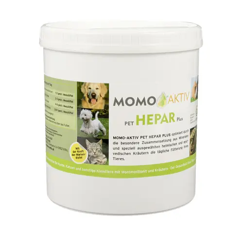MOMO-AKTIV PET HEPAR PLUS Dose mit Etikett, das einen Hund, einen Terrier und eine Katze zeigt