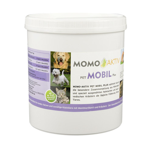 MOMO-AKTIV PET MOBIL PLUS Dose mit Etikett, das einen Hund, einen Terrier und eine Katze zeigt