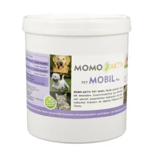 MOMO-AKTIV PET MOBIL PLUS Dose mit Etikett, das einen Hund, einen Terrier und eine Katze zeigt