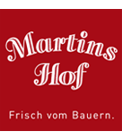 Logo von Martins Hof in einem roten Quadrat mit dem Slogan "Frisch vom Bauern.